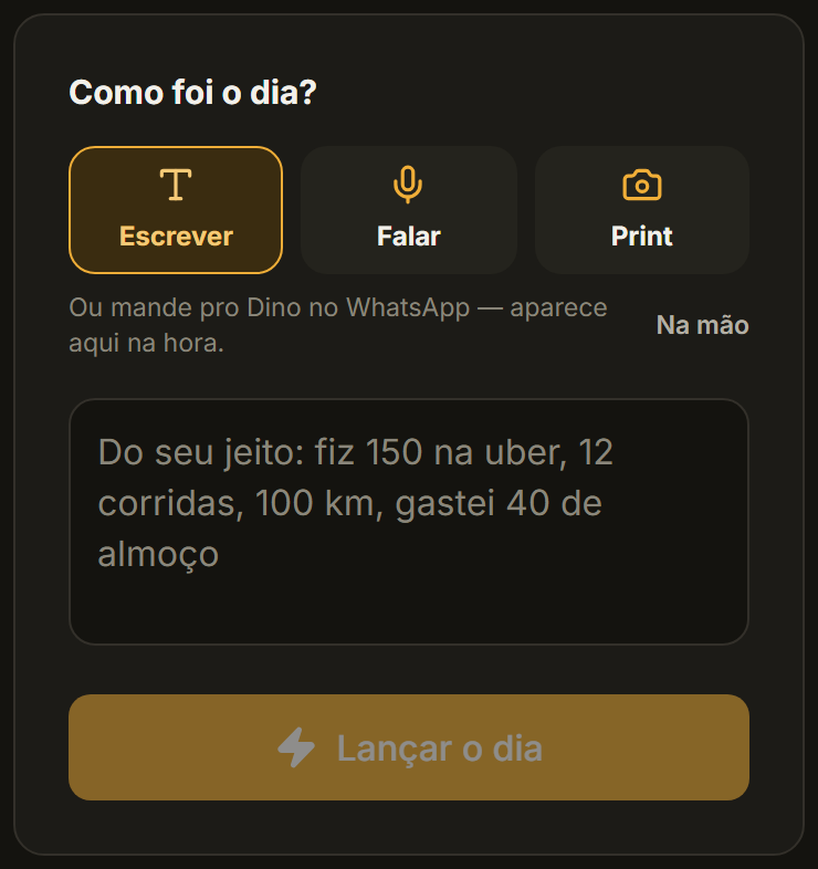 Tela real do Meta Batida: o campo Como foi o dia, com as opções escrever, falar ou mandar print